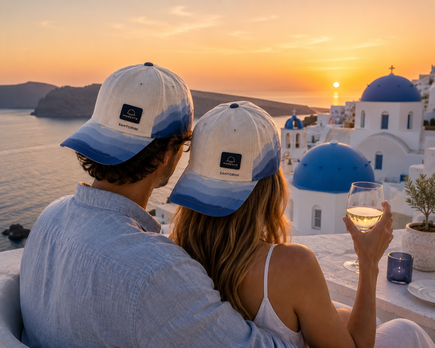 Couple wearing Santorini Moment caps at sunset