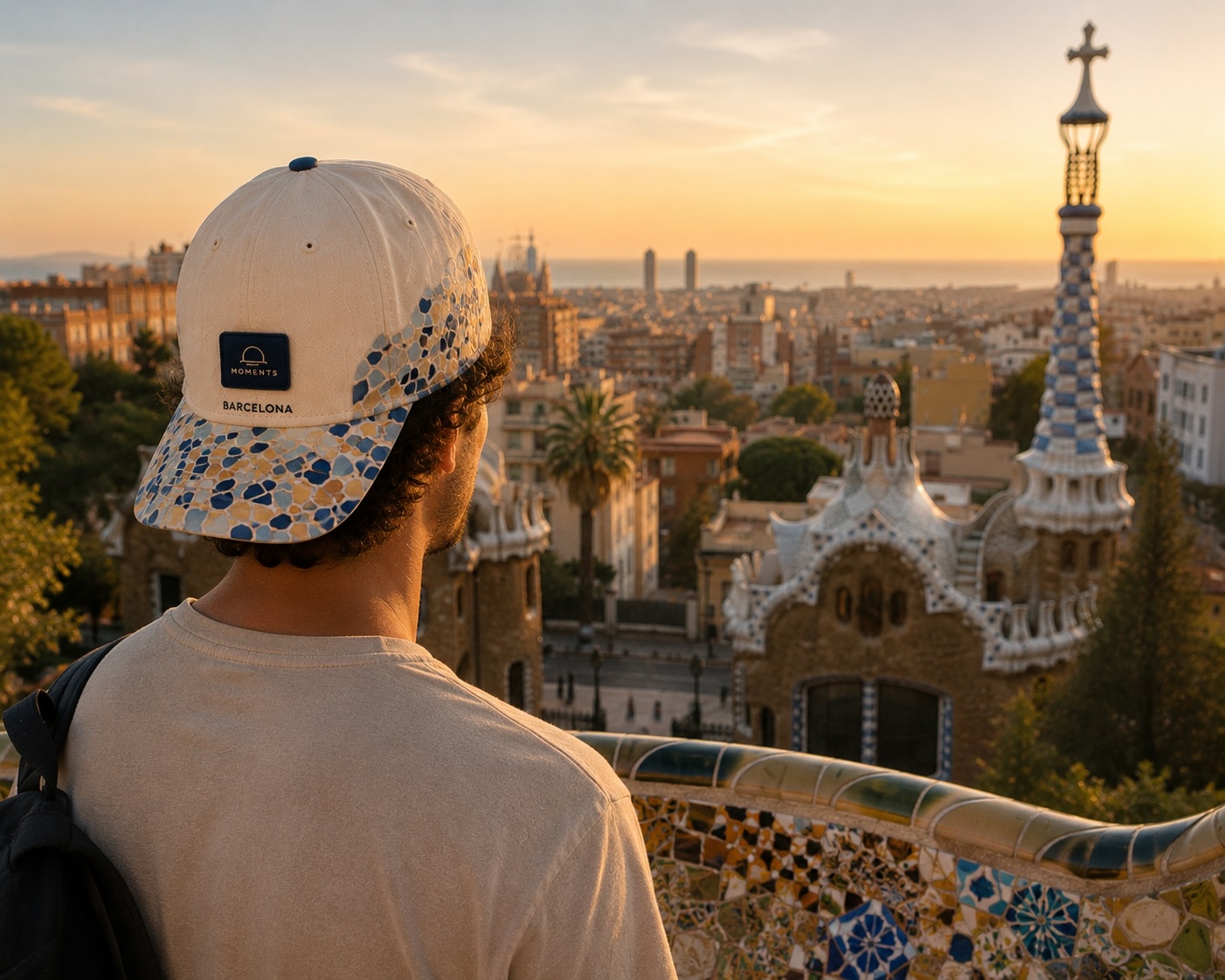 Barcelona Moment cap overlooking the city at sunset